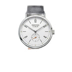 Seestern S382 automatic dress watch, silver-white dial, steel case, black leather strap, front view