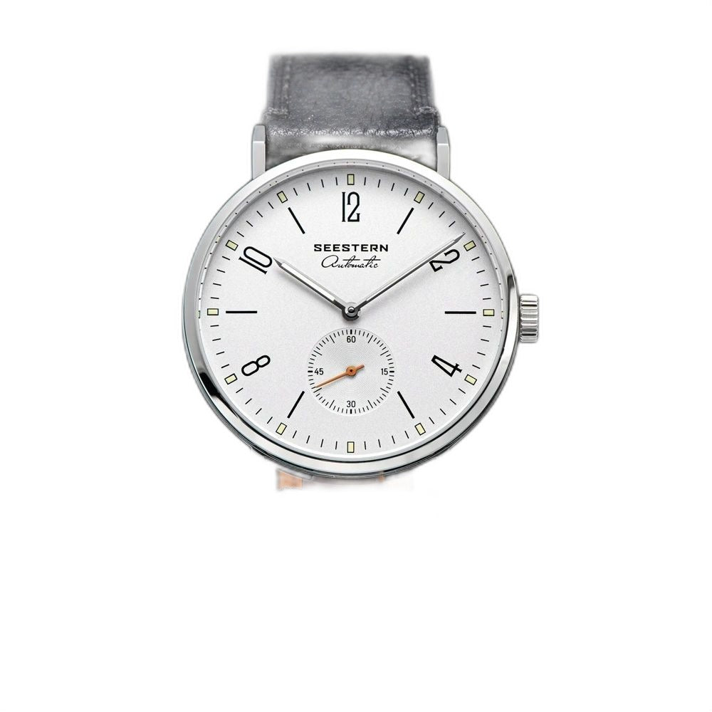 Seestern S382 automatic dress watch, silver-white dial, steel case, black leather strap, front view