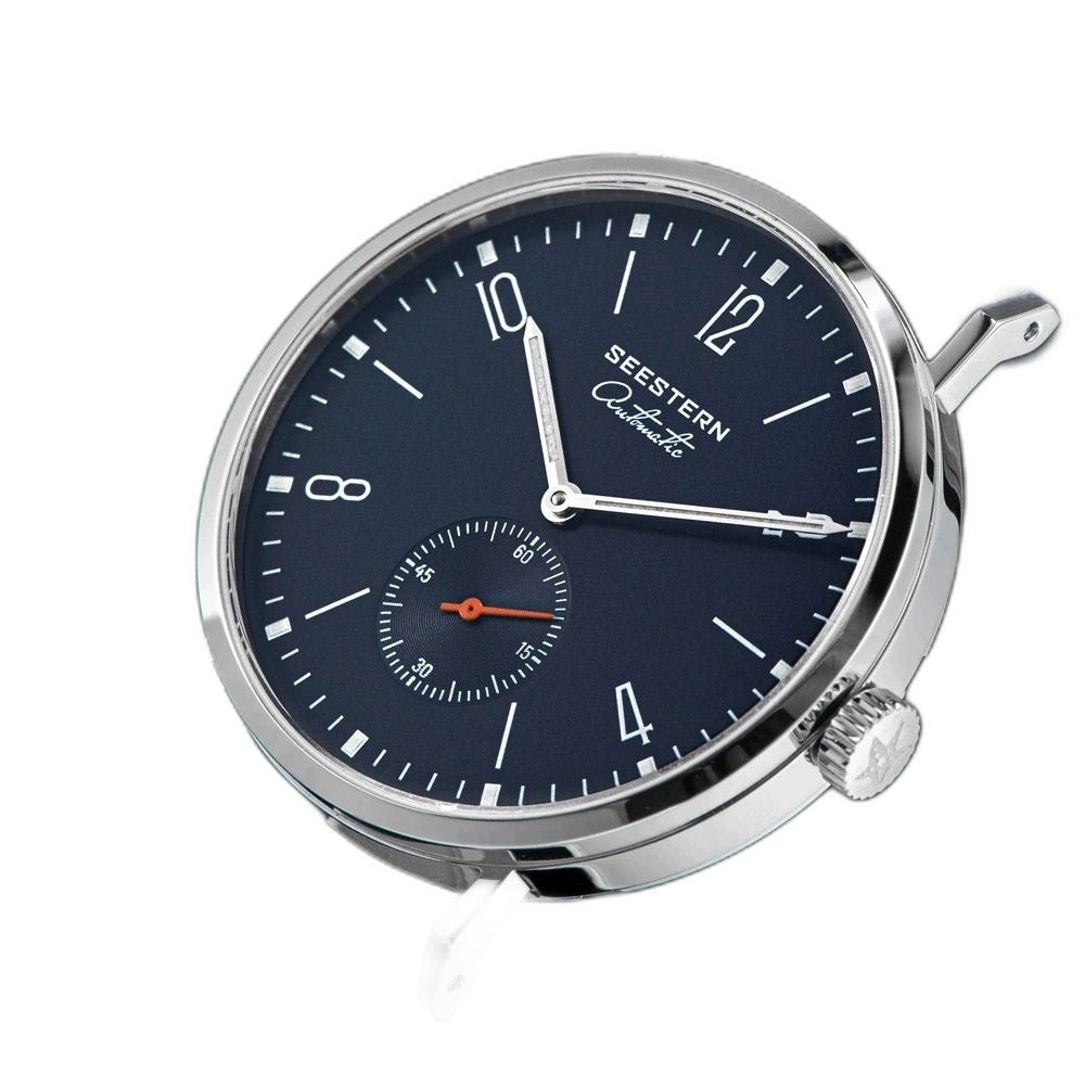 Seestern S382 automatic dress watch, navy blue dial and blue leather strap, angled studio view