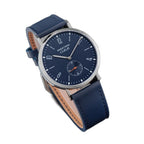 Seestern S382 automatic dress watch, navy blue dial, steel case, blue leather strap, three-quarter view