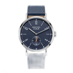 Seestern S382 automatic dress watch, navy blue dial, steel case, blue leather strap, front view