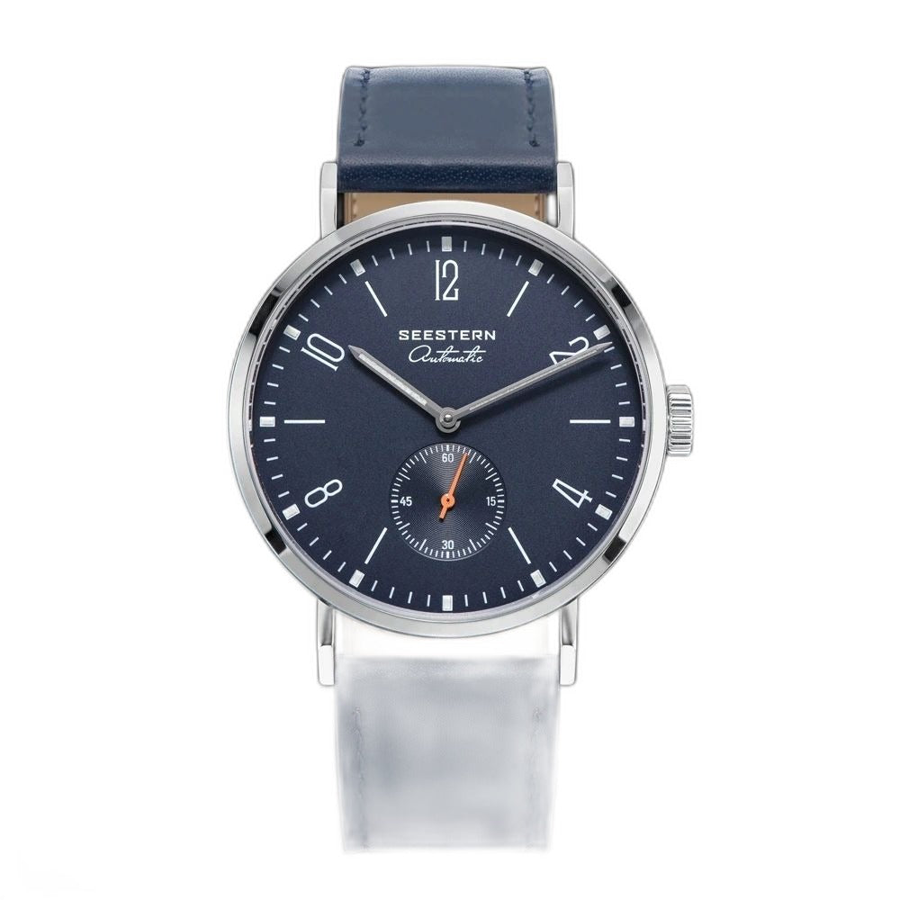 Seestern S382 automatic dress watch, navy blue dial, steel case, blue leather strap, front view