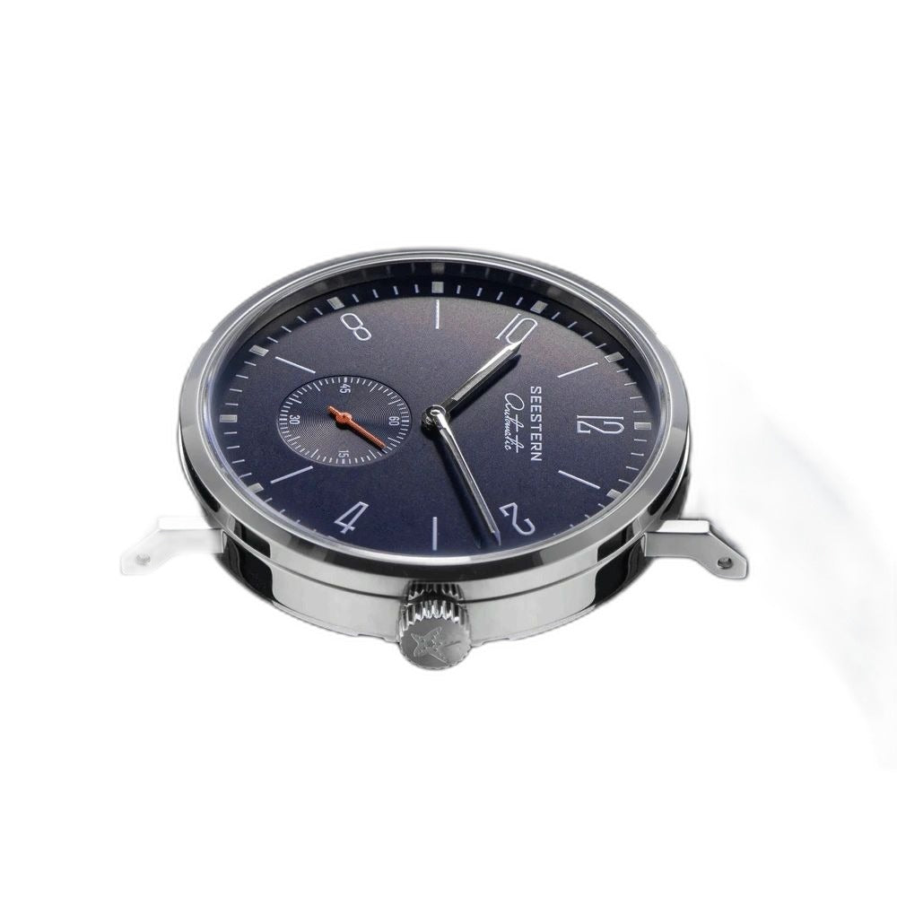 Seestern S382 navy-dial dress watch side view with star-engraved crown and slim steel case
