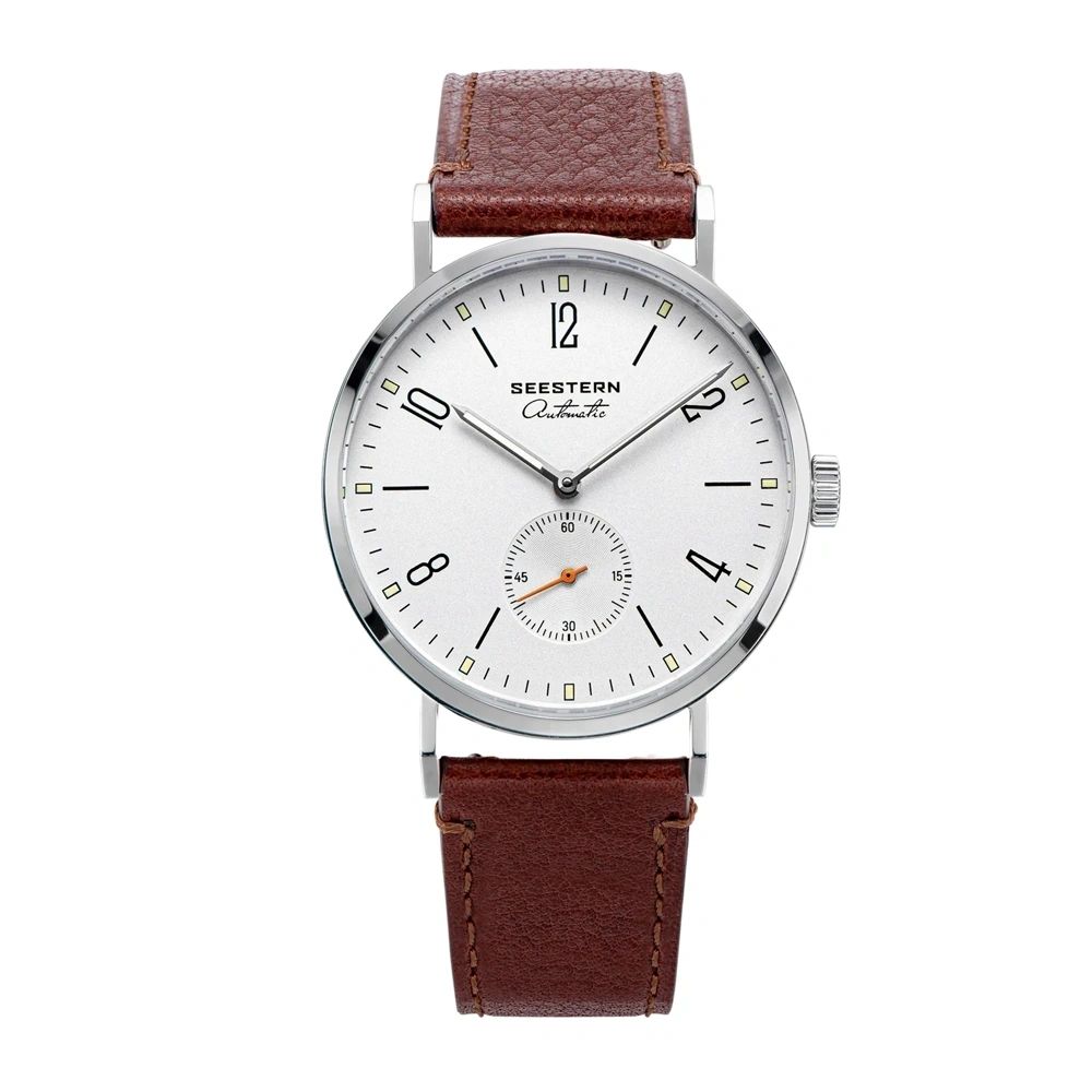 Seestern S382 automatic dress watch, silver-white dial, steel case, brown leather strap, front view