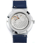 Seestern S382 exhibition caseback showing automatic movement, sapphire crystal, 5ATM, 316L steel case