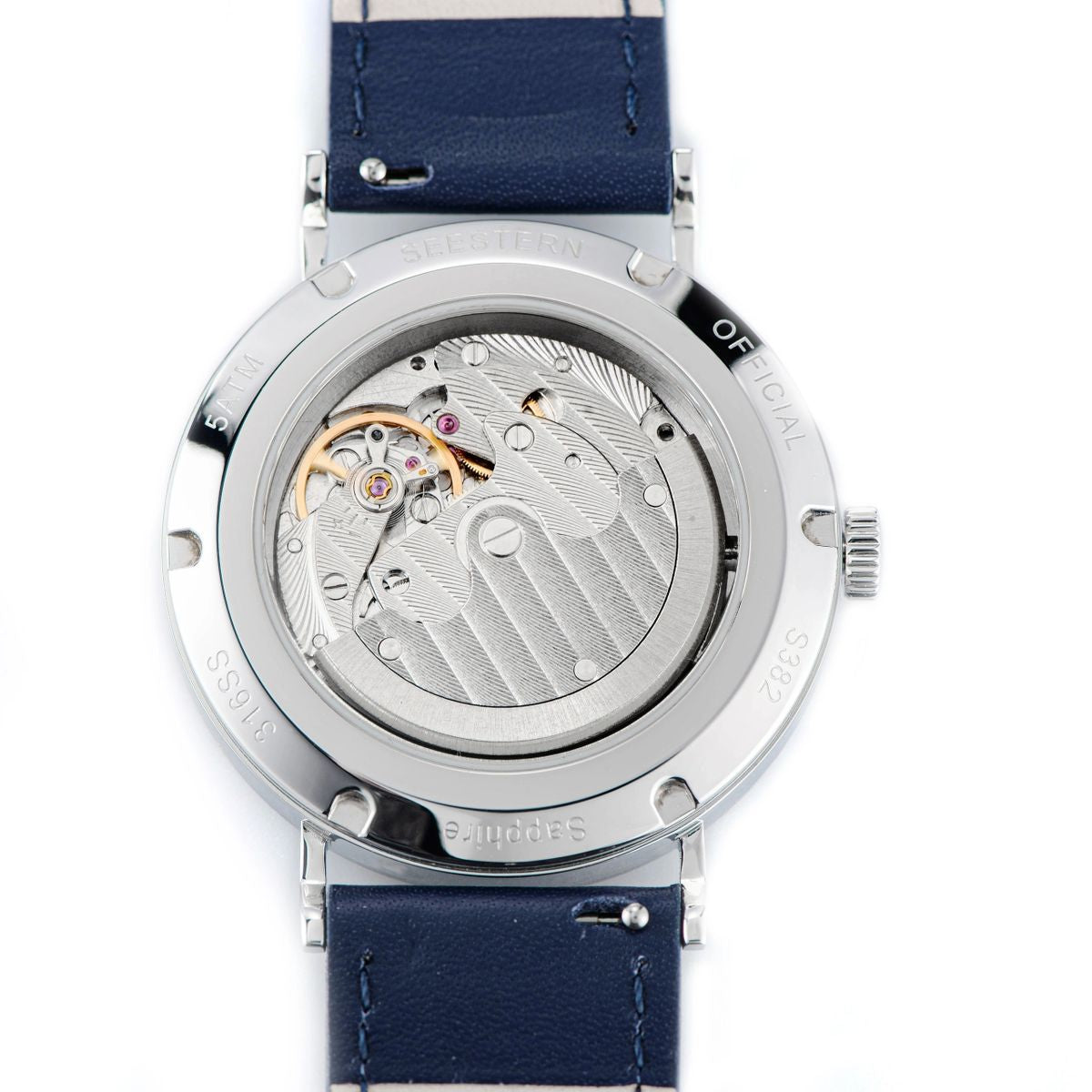 Seestern S382 exhibition caseback showing automatic movement, sapphire crystal, 5ATM, 316L steel case