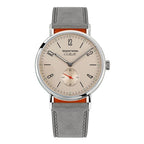 Seestern S382 automatic dress watch, cream dial with small seconds, steel case, grey suede strap, front