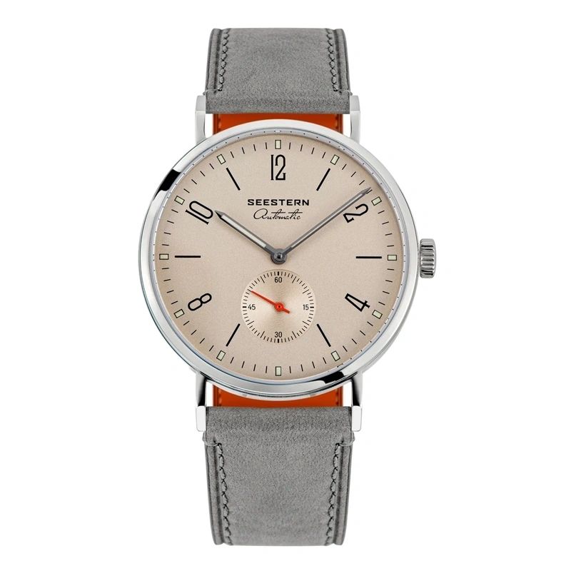 Seestern S382 automatic dress watch, cream dial with small seconds, steel case, grey suede strap, front