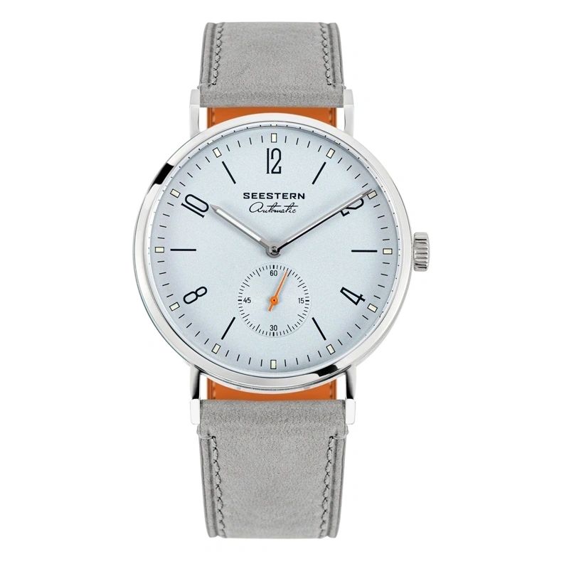 Seestern S382 pale ice blue dial automatic watch on grey suede strap, straight front view