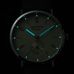 Seestern S382 lume shot, blue-green glowing hands and hour markers photographed in the dark
