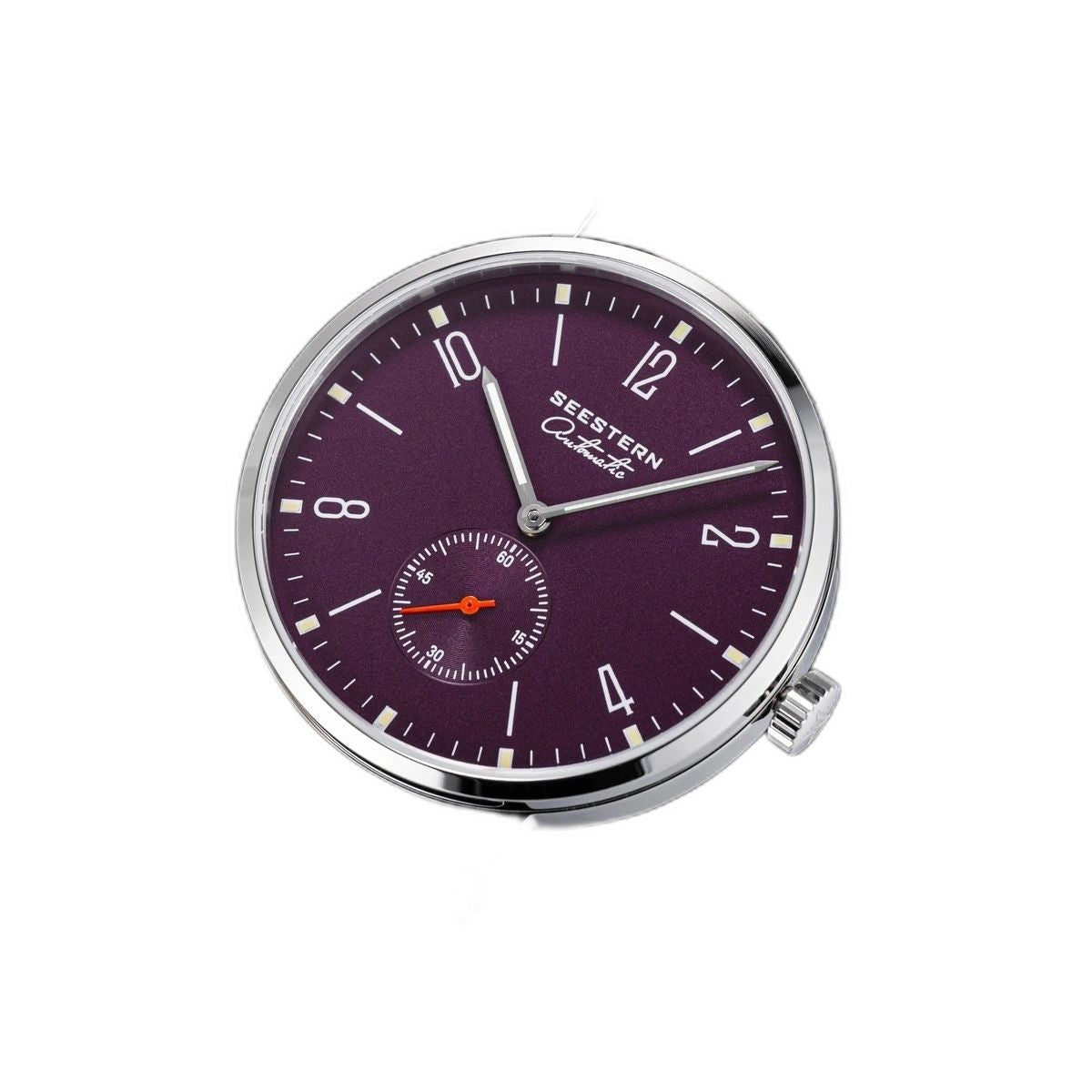Seestern S382 purple-dial dress watch on grey suede strap with orange lining, angled view