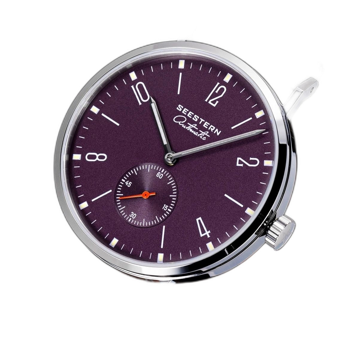 Seestern S382 purple dial dress watch on grey suede strap, angled studio product view