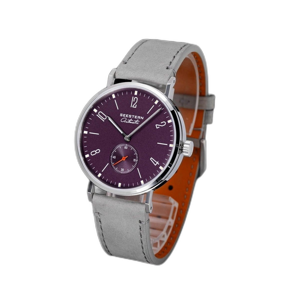 Seestern S382 automatic dress watch, purple dial and grey suede strap, dramatic angled view
