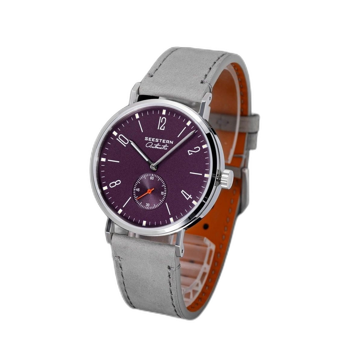 Seestern S382 automatic dress watch, purple dial and grey suede strap, dramatic angled view