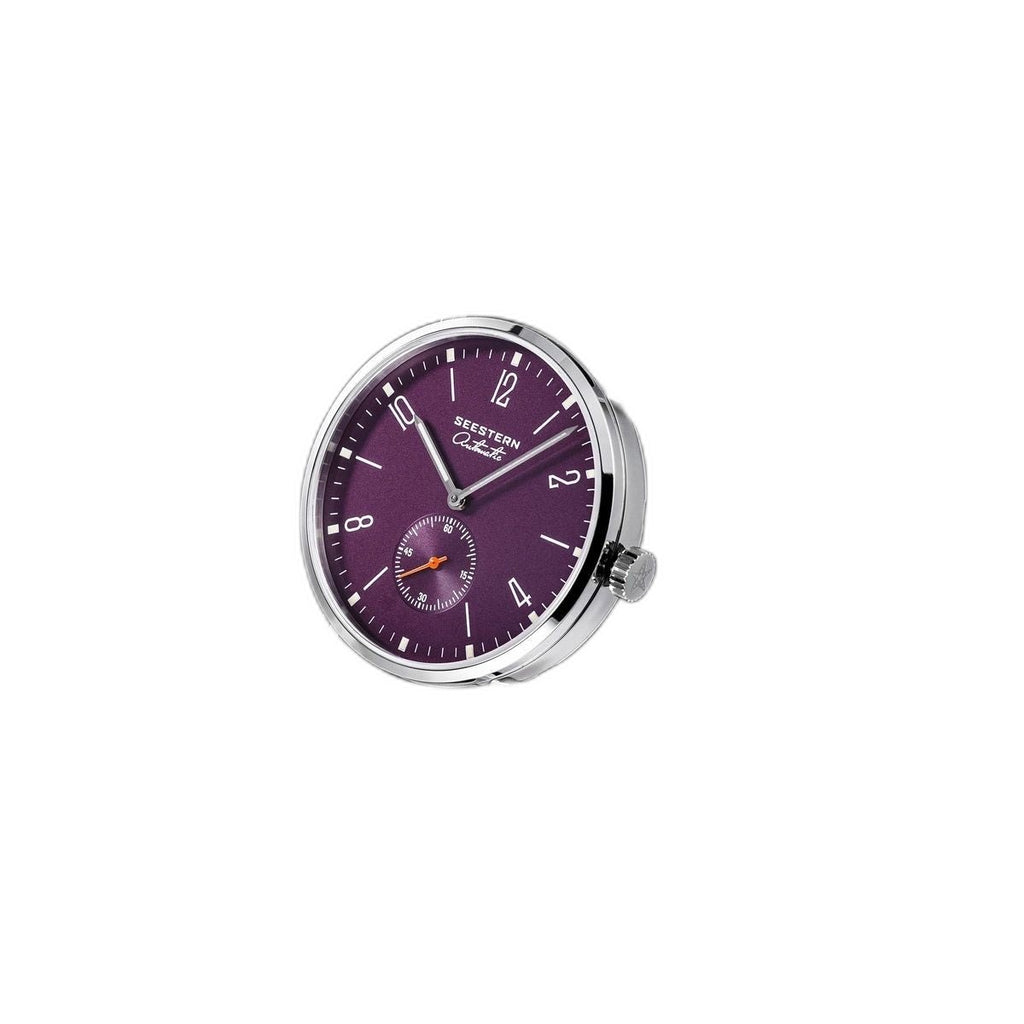 Seestern S382 purple dial dress watch on grey suede strap, three-quarter studio view