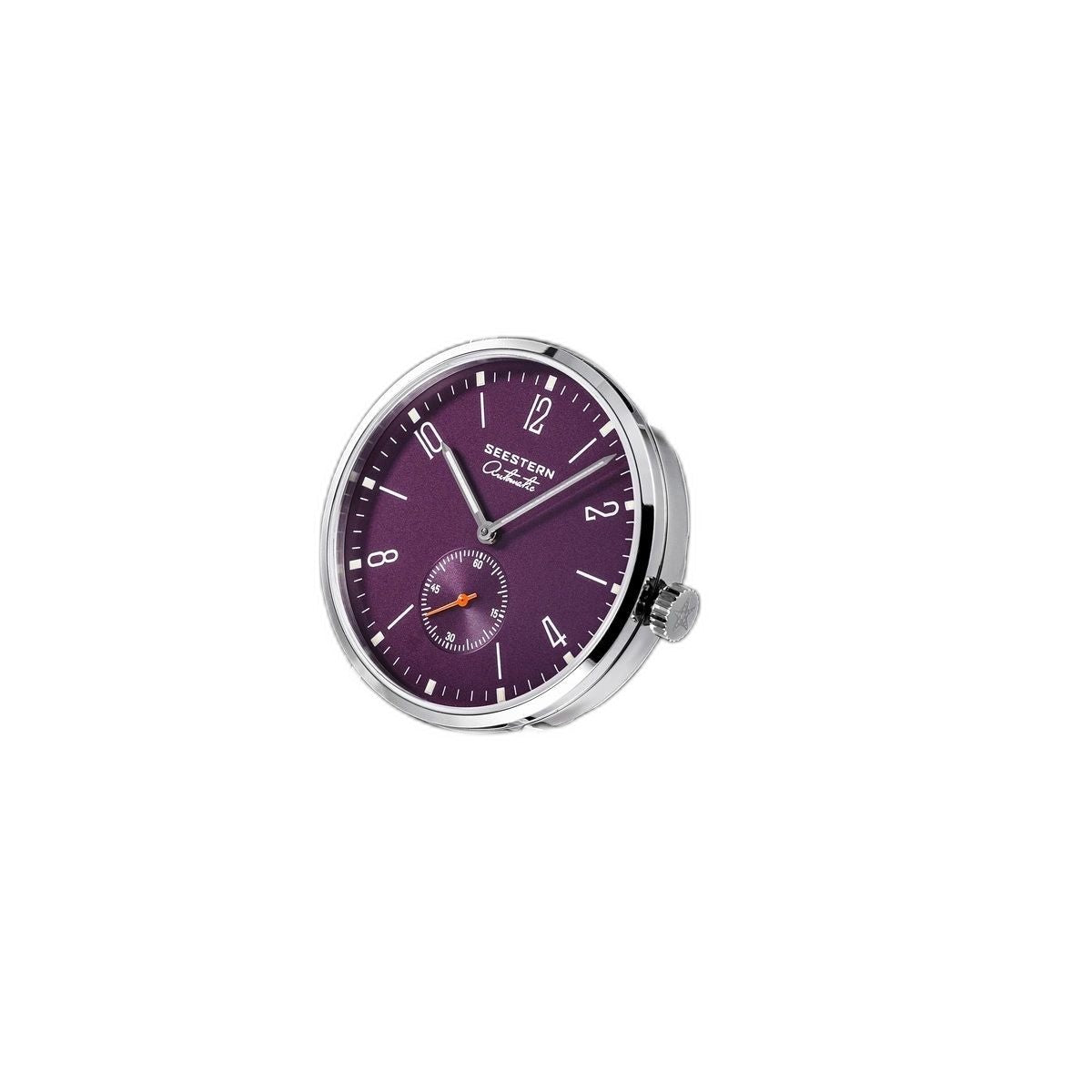 Seestern S382 purple dial dress watch on grey suede strap, three-quarter studio view