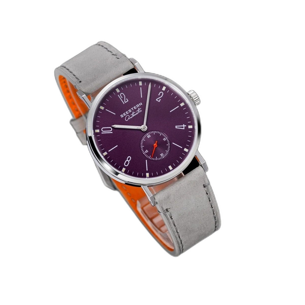Seestern S382 automatic dress watch, purple dial, steel case, grey suede strap, three-quarter view
