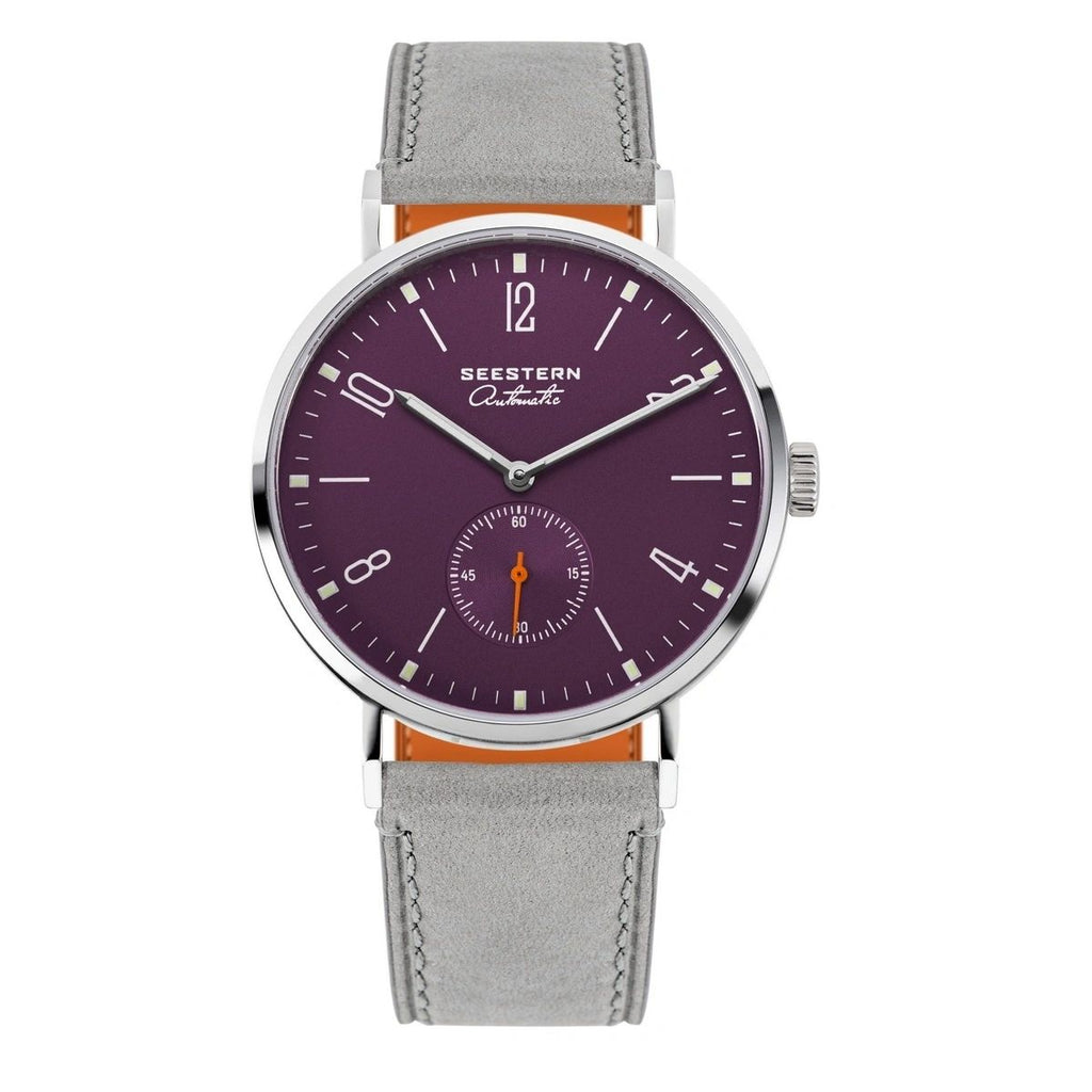 Seestern S382 automatic dress watch, purple dial with small seconds, steel case, grey suede strap, front