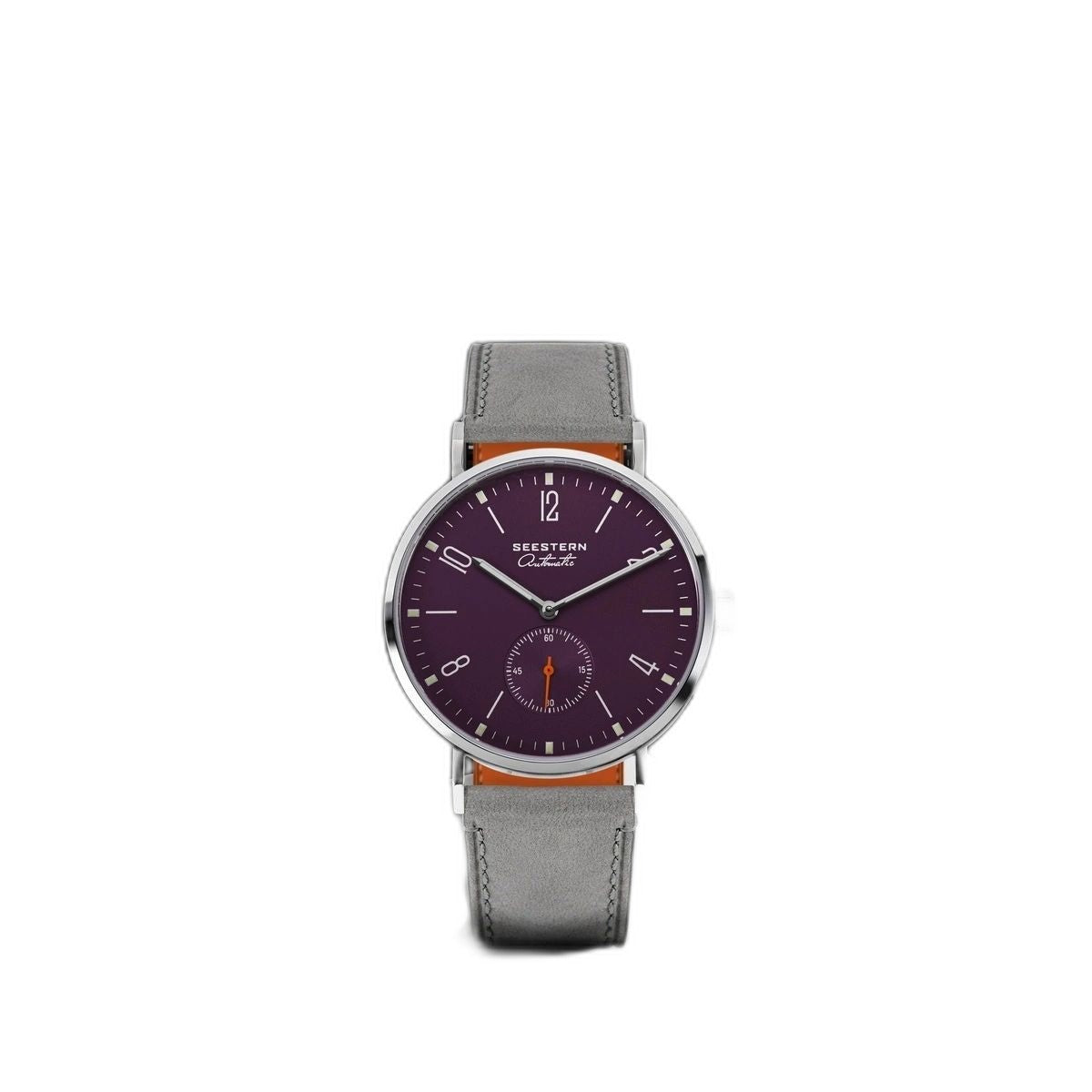 Seestern S382 purple dial watch centred on white, grey suede strap, plain product shot