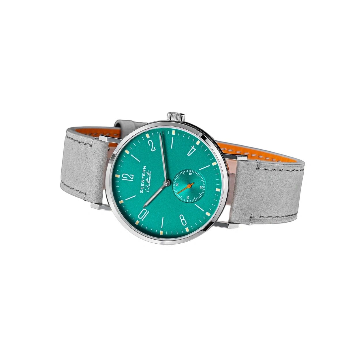 Seestern S382 turquoise dial dress watch on grey suede strap, angled studio product view