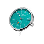 Seestern S382 automatic dress watch, turquoise dial and grey suede strap, dramatic angled view