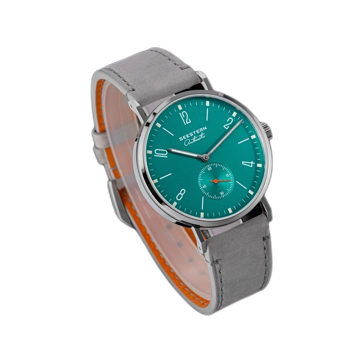 Seestern S382 turquoise dial dress watch on grey suede strap, three-quarter studio view