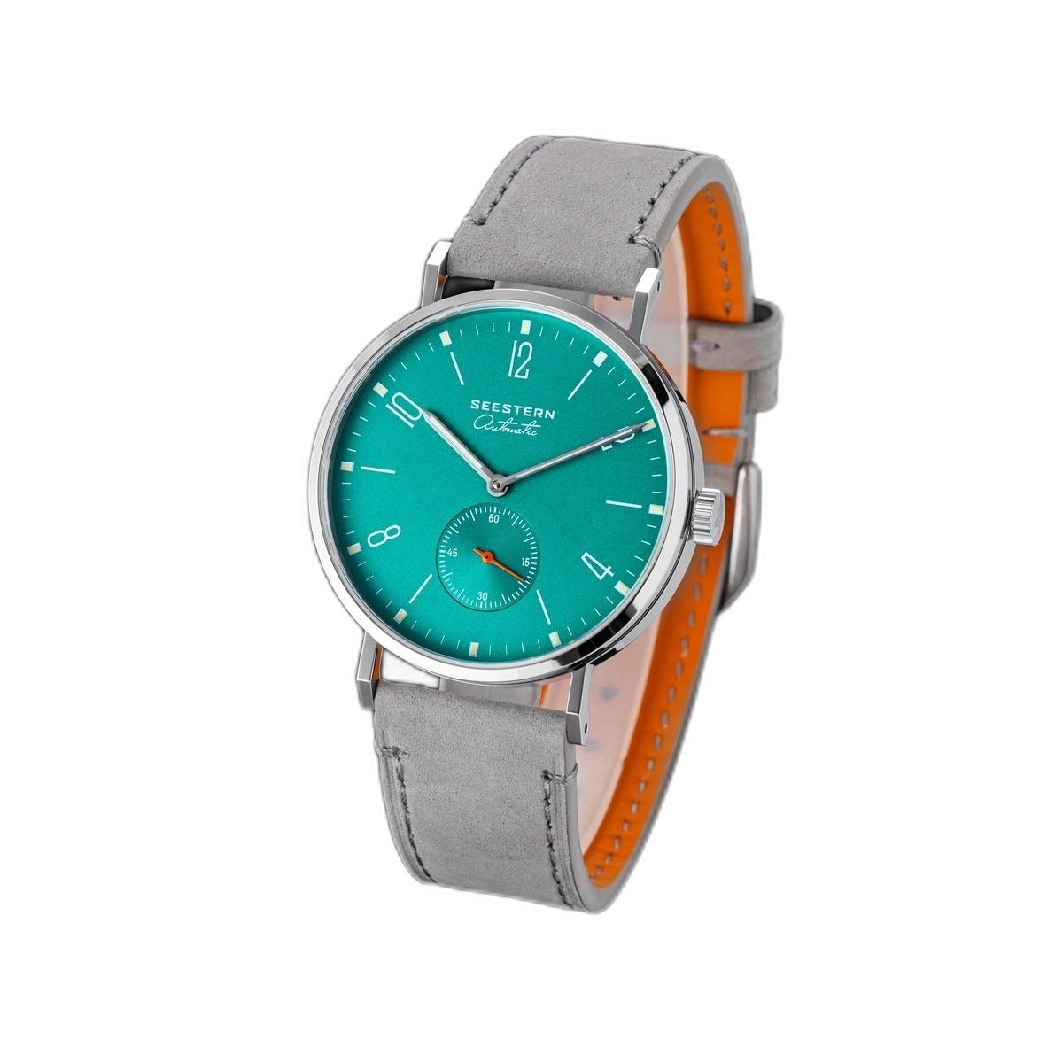 Seestern S382 automatic dress watch, turquoise dial, steel case, grey suede strap, three-quarter view