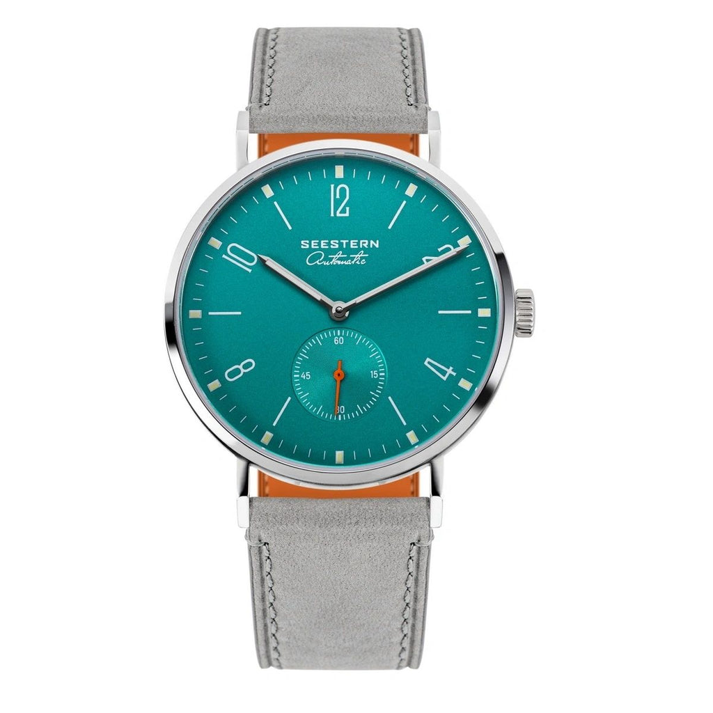 Seestern S382 automatic dress watch, turquoise dial, steel case, grey suede strap, front view