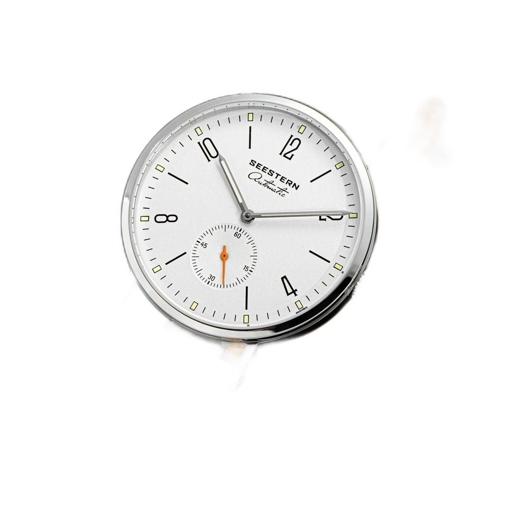 Seestern S382 silver-white dial dress watch on black leather strap, angled studio product view
