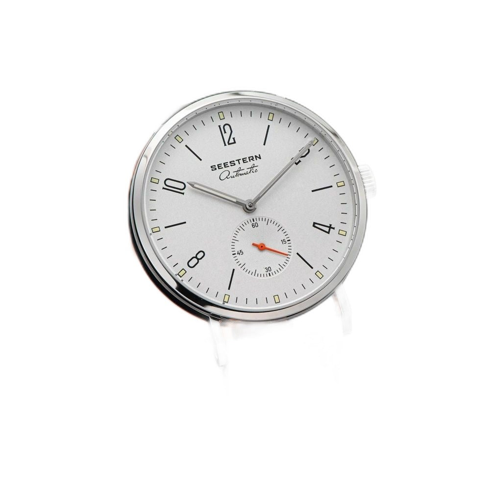Seestern S382 automatic dress watch, silver-white dial, black leather strap, three-quarter view