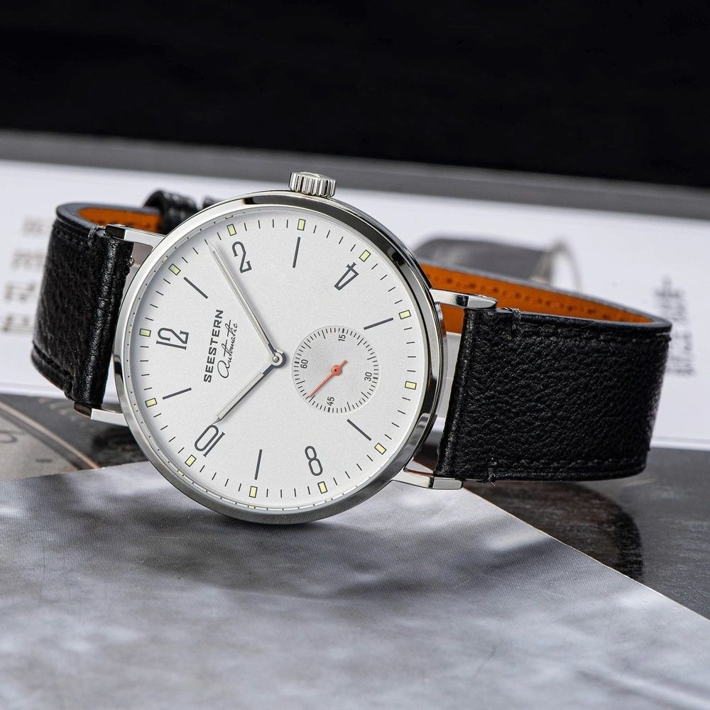 Seestern S382 silver-white dial dress watch on black leather strap, studio lifestyle shot