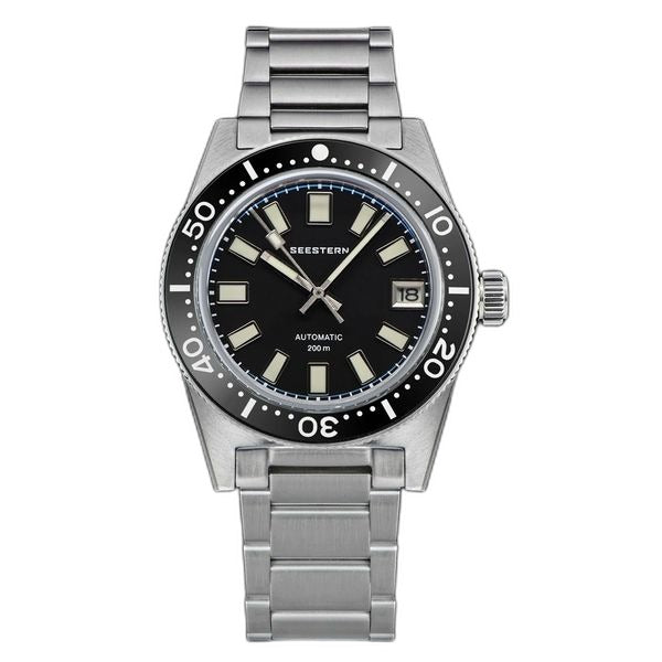 Seestern S404 automatic skin diver 200m, black dial, steel case and bracelet, front view