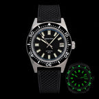 Seestern S404 automatic diver, black dial on black tropic rubber strap, with lume shot inset