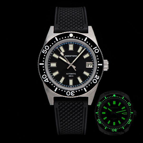 Seestern S404 automatic diver, black dial on black tropic rubber strap, with lume shot inset
