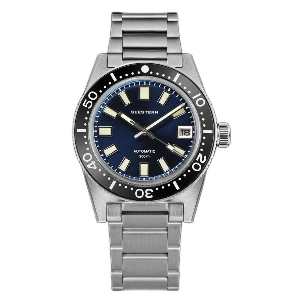 Seestern S404 automatic skin diver 200m, blue dial, steel case and bracelet, front view