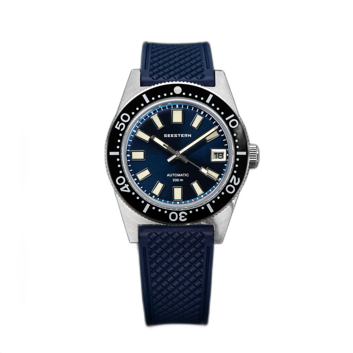 Seestern S404 automatic diver, blue dial on blue tropic rubber strap, front view
