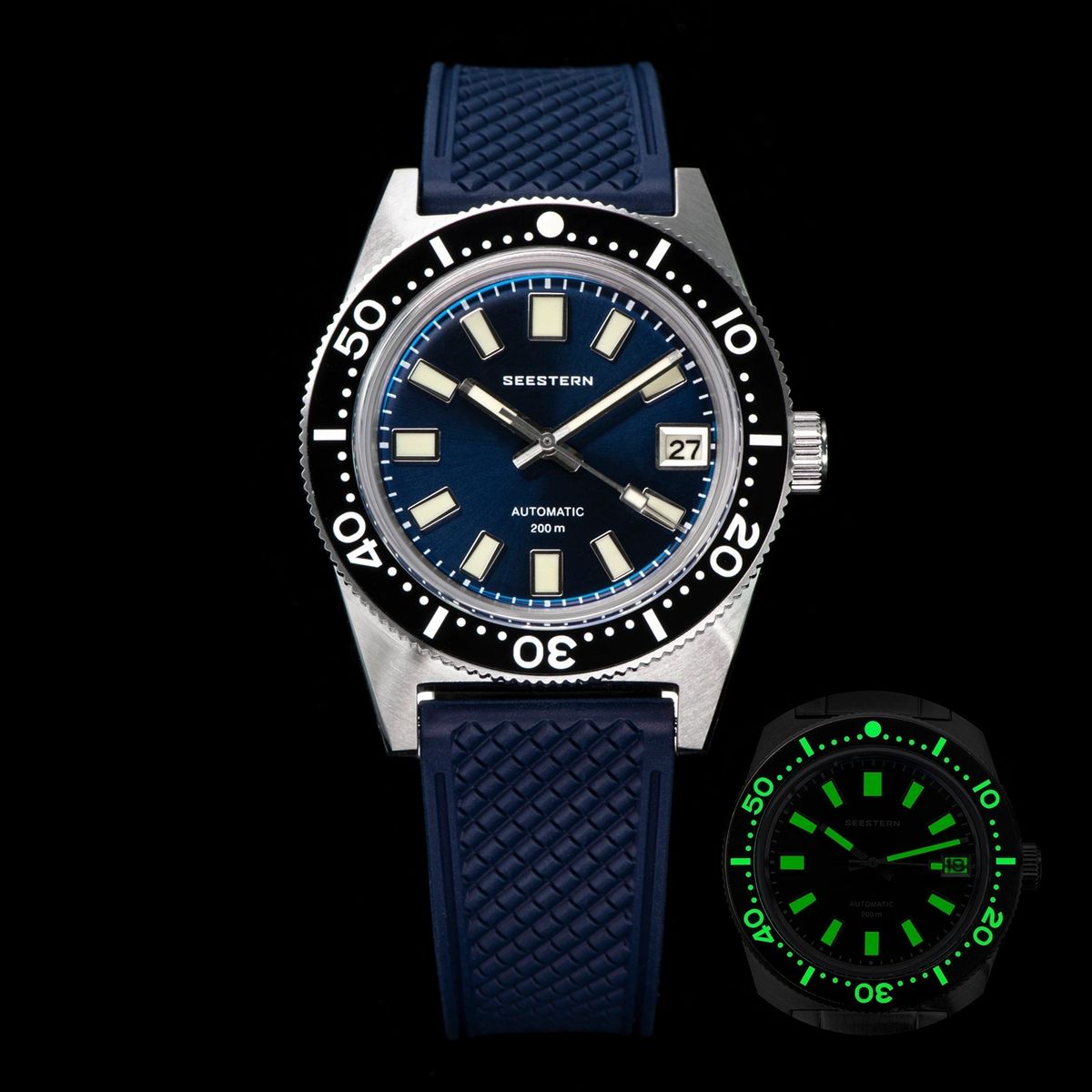Seestern S404 automatic diver, blue dial on blue rubber strap, with green lume shot inset