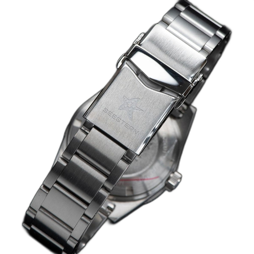 Seestern S404 folded steel bracelet clasp with engraved Seestern star, close-up detail