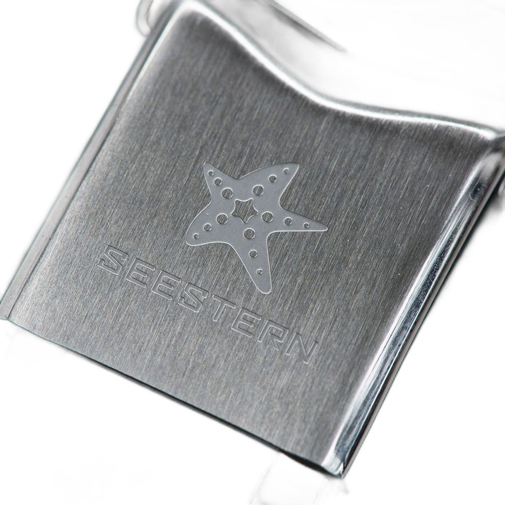 Seestern S404 steel bracelet clasp engraved with the Seestern starfish emblem, close-up