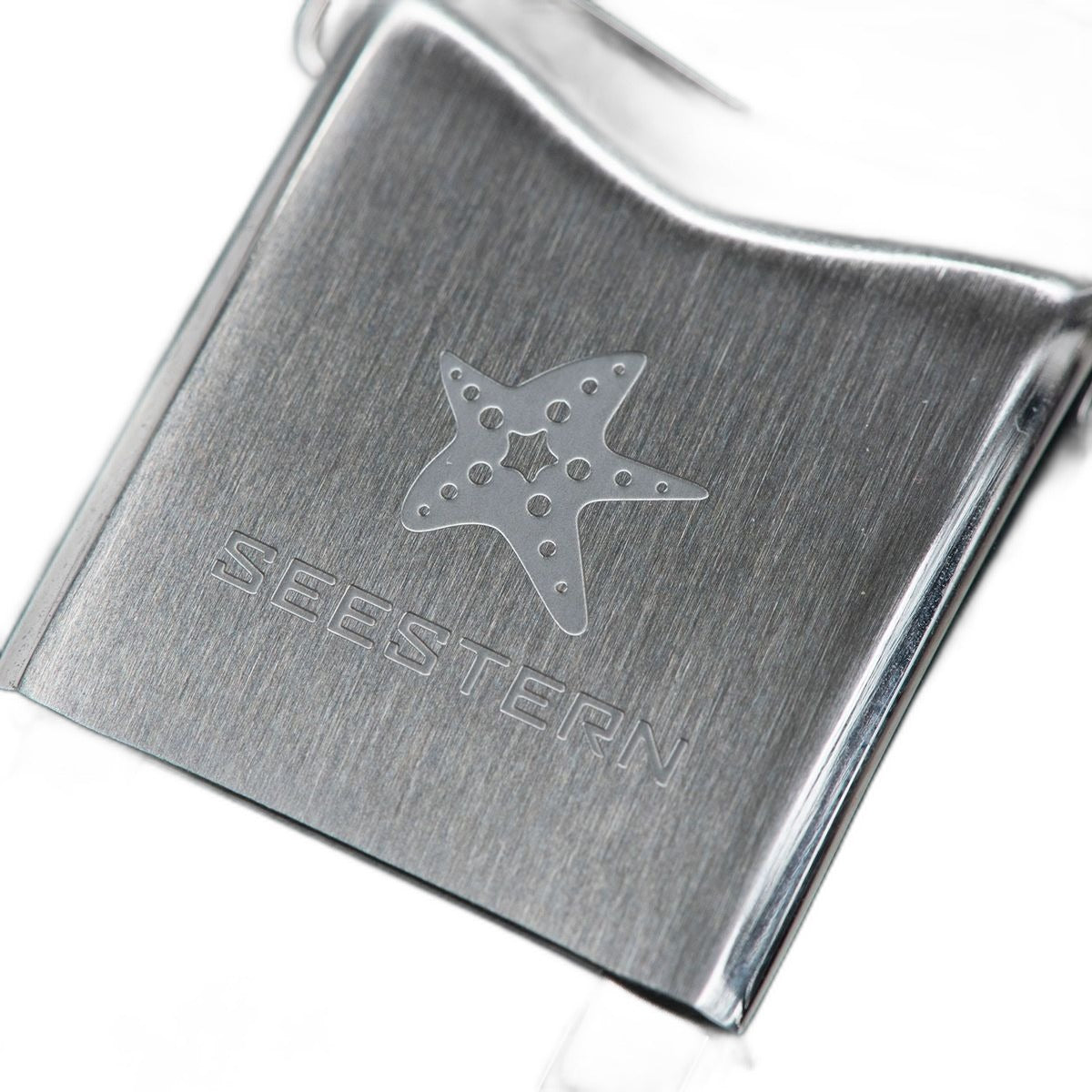 Seestern S404 steel bracelet clasp engraved with the Seestern starfish emblem, close-up