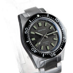Seestern S404 automatic diver, grey sunburst dial and steel bracelet, dramatic angled view