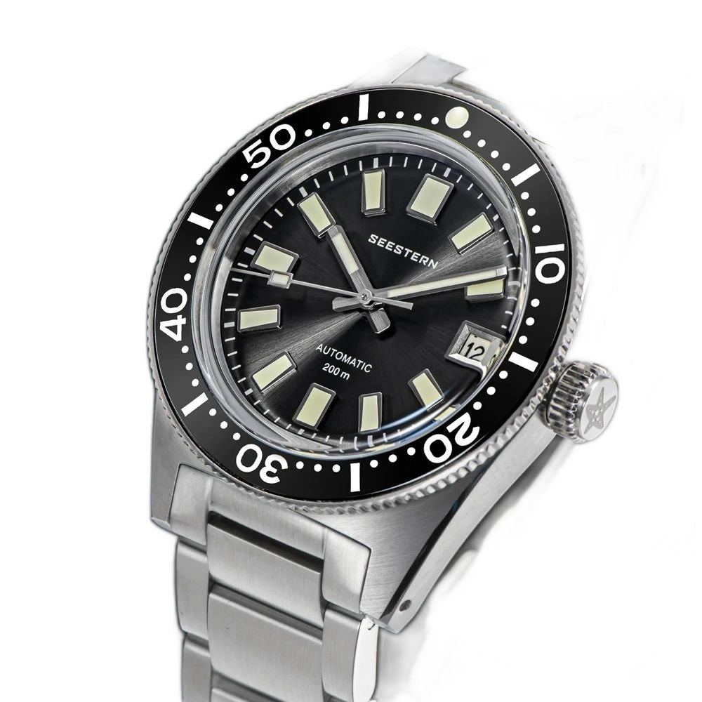 Seestern S404 diver, grey dial and steel bracelet, angled view showing star-engraved crown