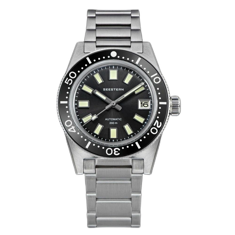 Seestern S404 automatic skin diver 200m, grey sunburst dial, steel case and bracelet, front view