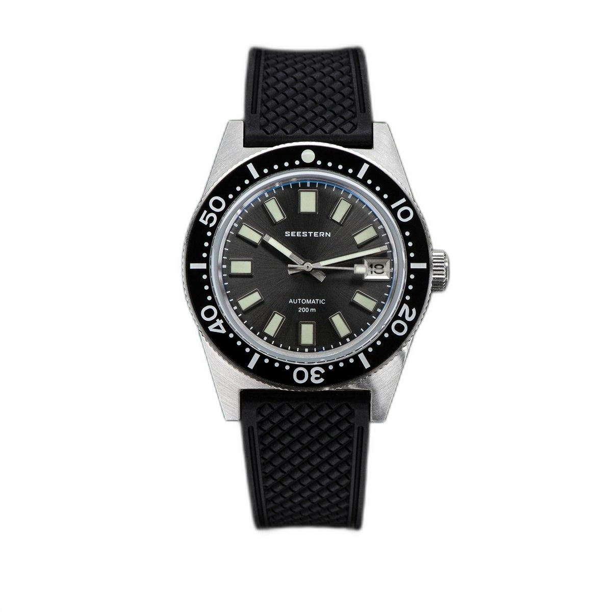 Seestern S404 automatic diver, grey dial on black tropic rubber strap, front view