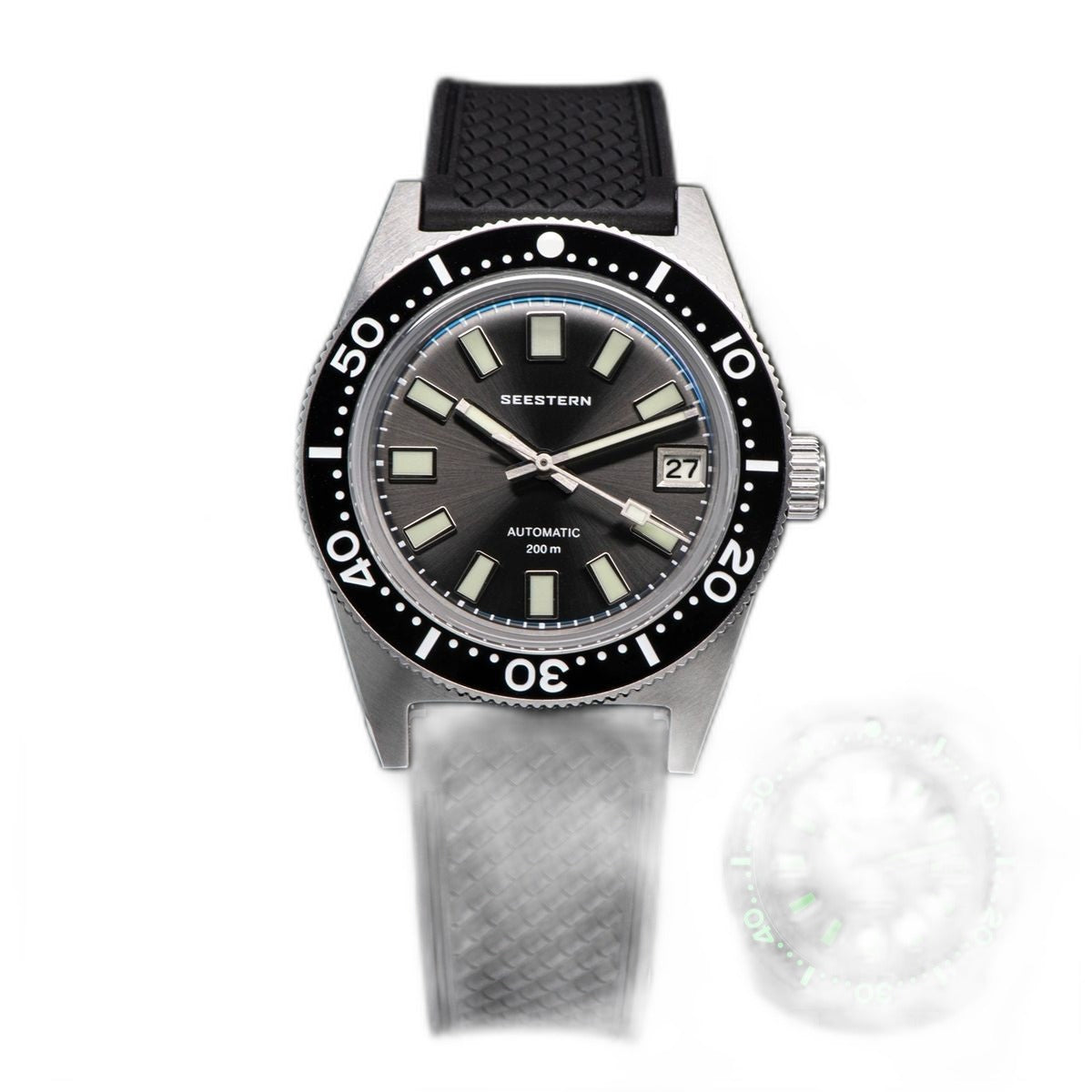 Seestern S404 automatic diver, grey dial on black rubber strap, with green lume shot inset
