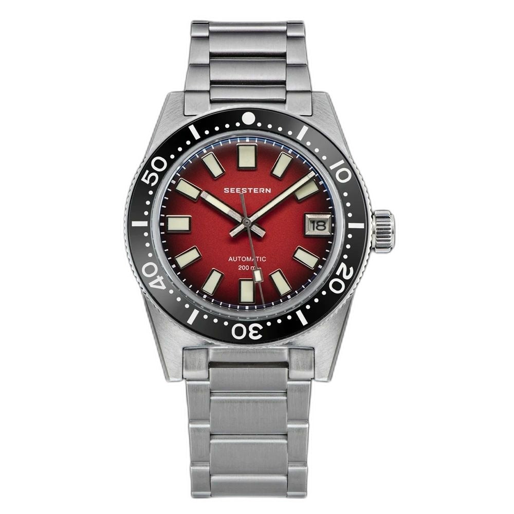 Seestern S404 automatic skin diver 200m, red dial, steel case and bracelet, front view