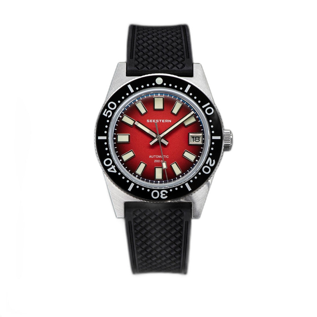 Seestern S404 Red Fume sunburst dial automatic skin diver, black dive bezel, black rubber waffle strap, front