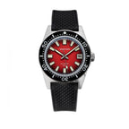 Seestern S404 Red Fume sunburst dial automatic skin diver, black dive bezel, black rubber waffle strap, front