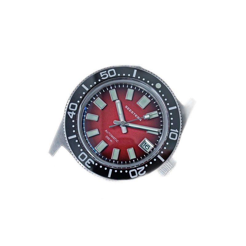 Seestern S404 automatic diver, red dial on black rubber strap, angled flat-lay view