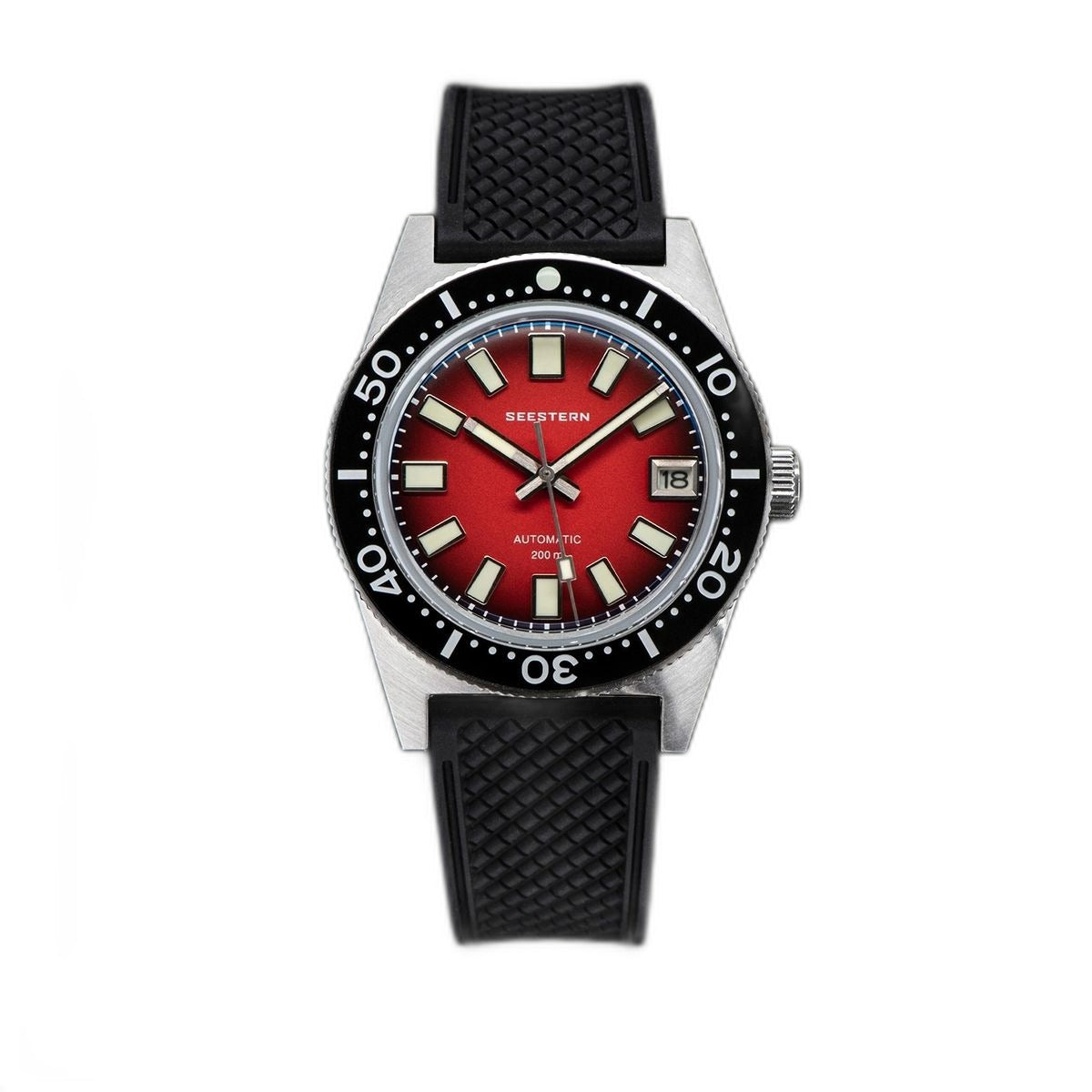 Seestern S404 automatic diver, red dial on black tropic rubber strap, front view